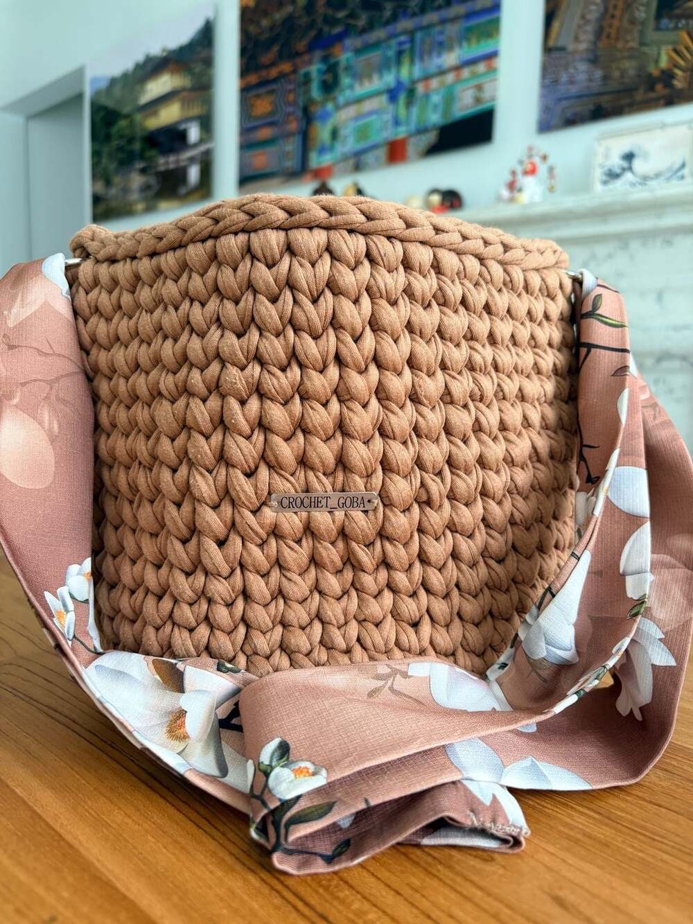 Handmade Boho Cottagecore Crochet Bucket Bag with Floral Print Ribbon Strap - Picture 2 of 9